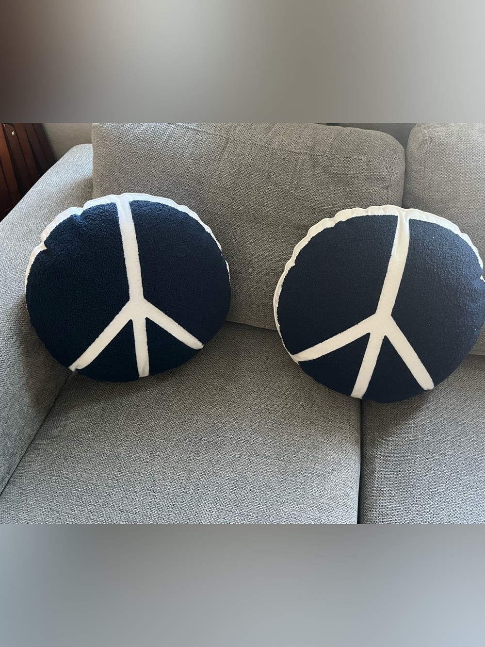 Round Navy and White Peace Sign Accent Pillow - Soft Decorative Throw Cushion
